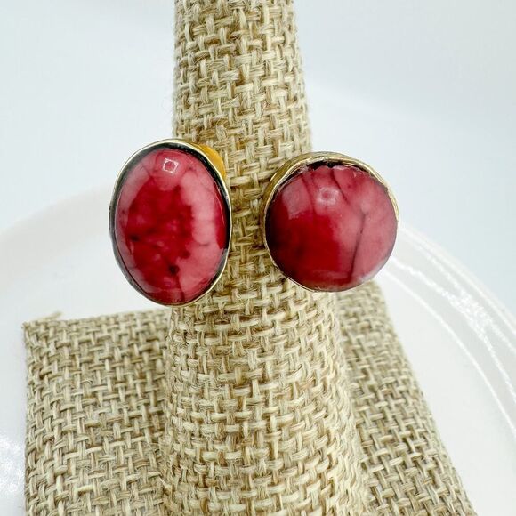 Vintage Hammered Pink Stone Brutalist Double Ring Boho Chic Southwestern Retro - Picture 5 of 6